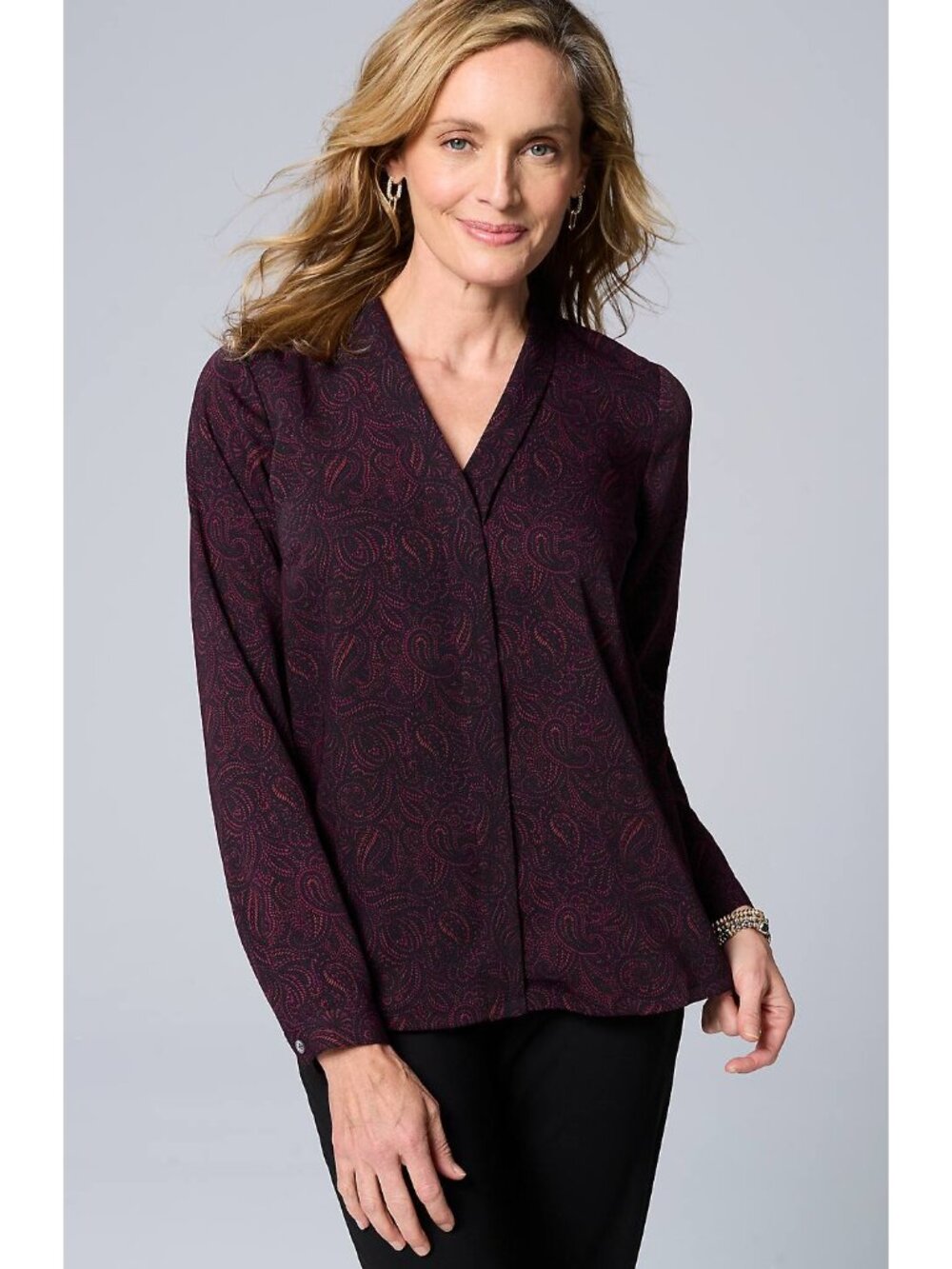 NWT J. Jill Wearever Womens Size XS Dark Purple Paisley Print Blouse Top NEW